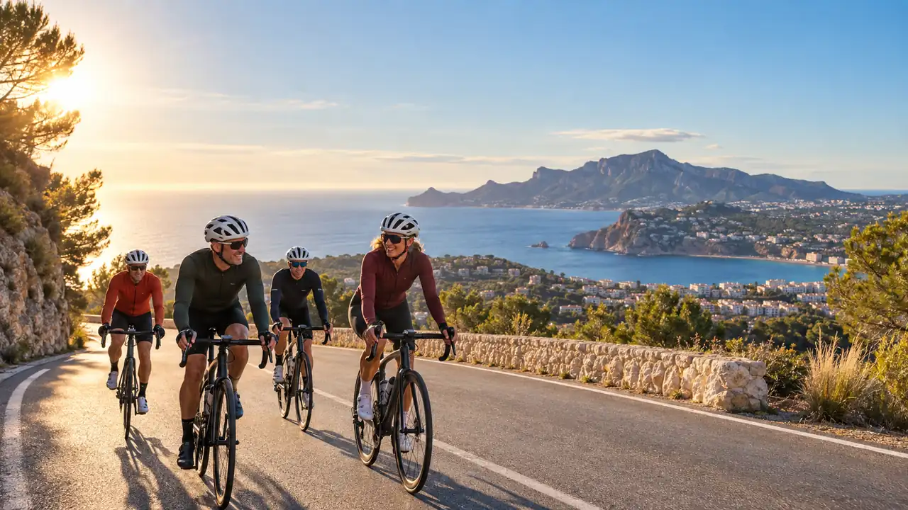 Road cyclists riding in sunny autumn and winter conditions on the Costa Blanca