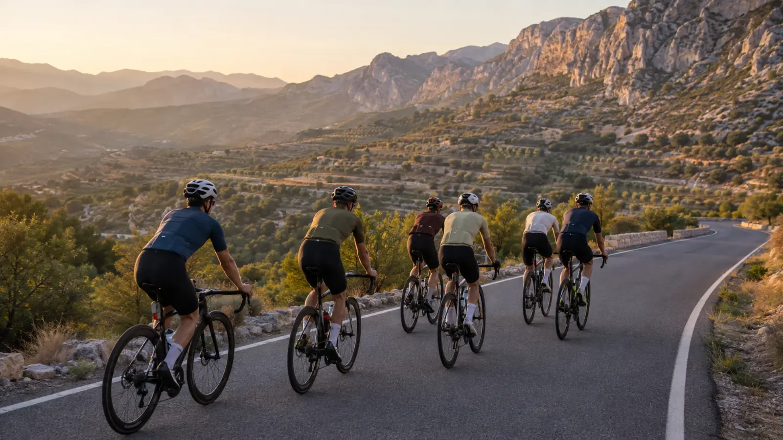 Road cycling group climbing through the mountains near Vall d’Ebo at sunrise